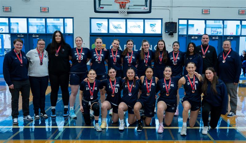 The CapU Blues earned a PACWEST bronze medal, upending Douglas College in the provincials March 1, 2025, at Capilano's Centre for Sport and Wellness. (Blues Athletics)