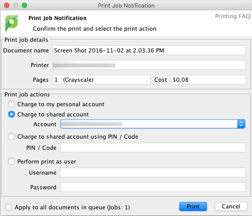 PaperCut print job notification Mac