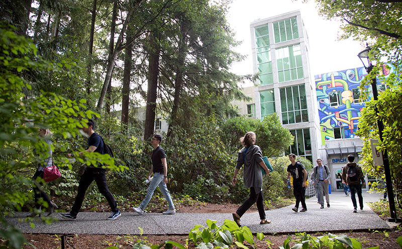 Students walking pathway to Birch Building