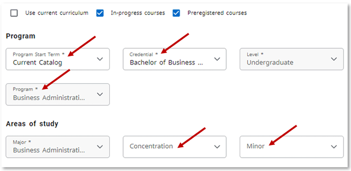 Under program, select program start term, credential and program. Add concentration and Minor if applicable.
